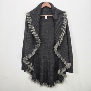 Cache Faux Fur Trim Cardigan S Gray Open Front Wool‎ Blend Old Money Mob Wife